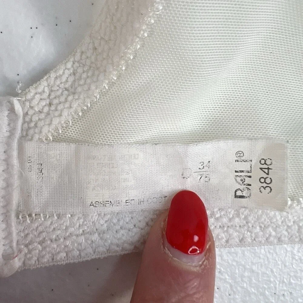 Vintage Bali Size 34D Bra‎ Unlined Underwired Lace Sheer 3848 White Balconette